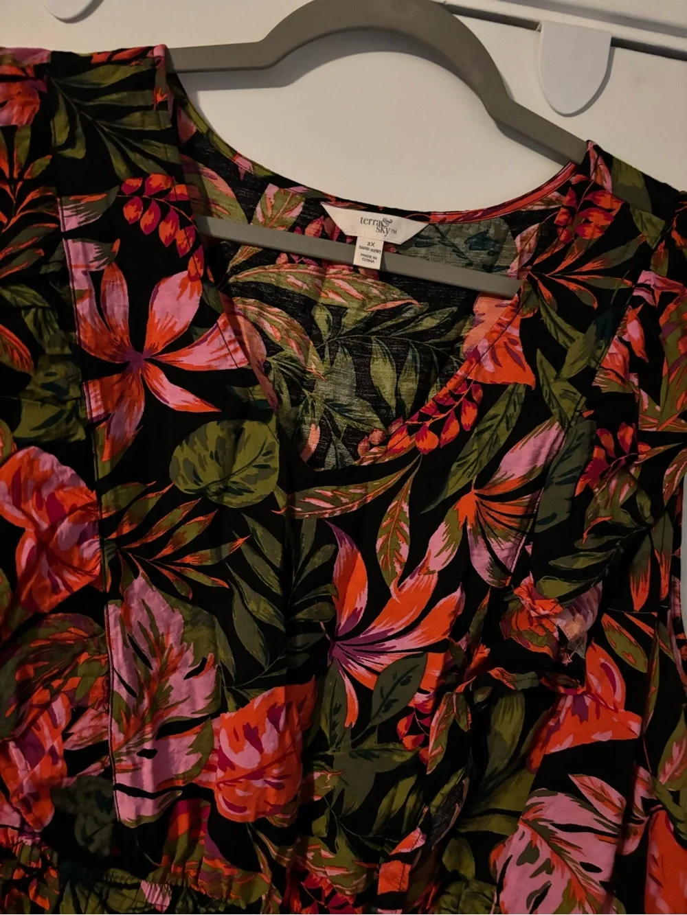 Terra & Sky Black Midi Dress with Pink & Green Tropical Print - Picture 2 of 4
